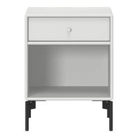 White nightstand with a minimalist design and sleek black legs. Simple, clean lines and no visible patterns.