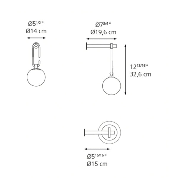 Line drawings of round pendant light dimensions, showcasing a sleek, minimalist design with various sizes and shapes.