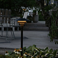 "Elegant black solar light with a gold top, surrounded by lush green plants and vibrant yellow flowers."