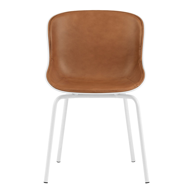 Brown leather chair with a smooth surface and white metal legs, featuring a sleek and minimalist design.
