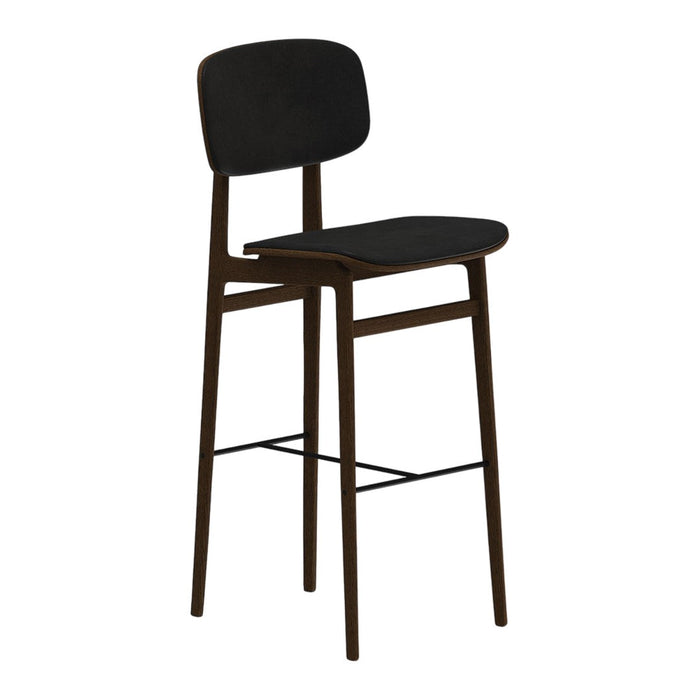 Black upholstered bar stool with sleek dark wood frame and minimalist design. Perfect for modern interiors.