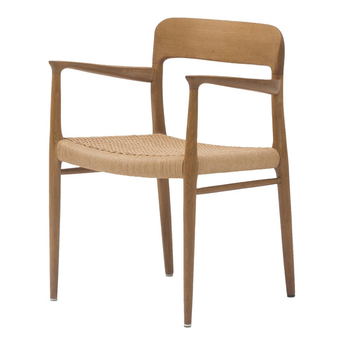 Light wood chair with a natural woven seat, featuring a minimalist design and smooth, warm tones.