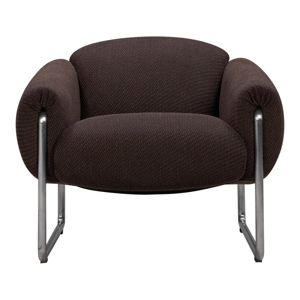 Brown upholstered chair with rounded arms and a textured fabric, set on a sleek metal frame.