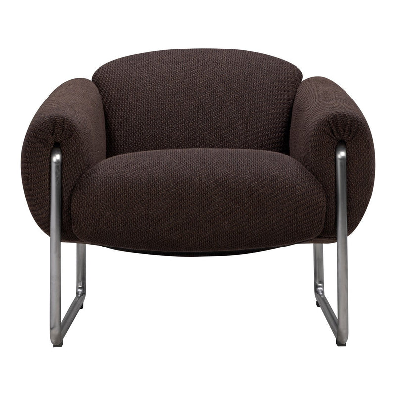 Brown upholstered chair with rounded arms and a textured fabric, set on a sleek metal frame.