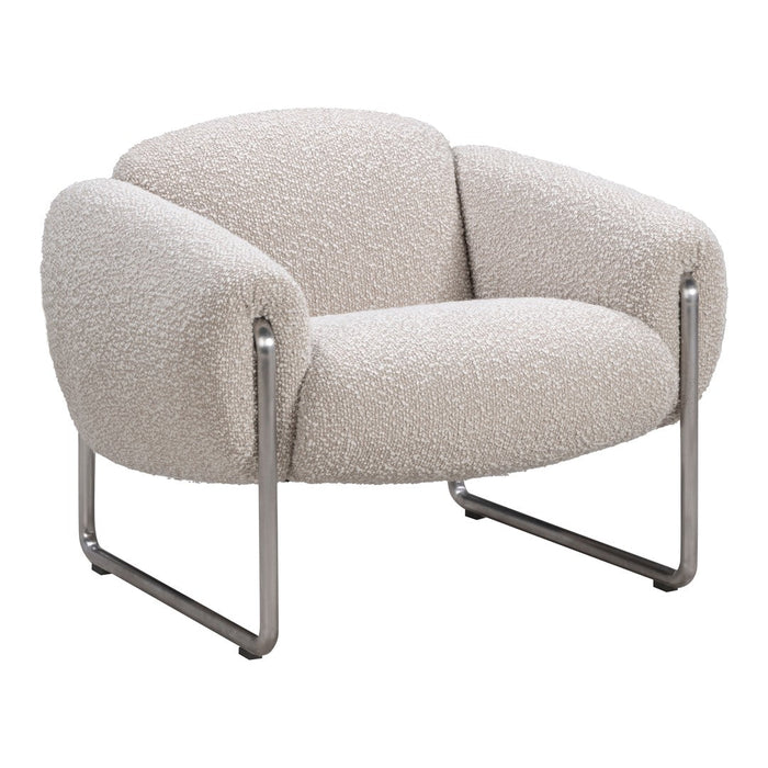 Textured cream-colored armchair with a soft, fluffy finish and sleek metal legs, perfect for modern decor.