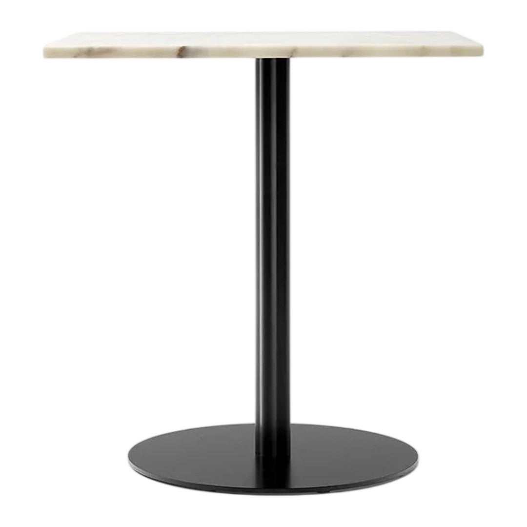"Black metal base with a sleek white marble top, featuring subtle natural veining. Elegant and modern design."