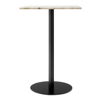 Black metal base with a sleek, white marble top featuring subtle veining patterns. Ideal for modern spaces.