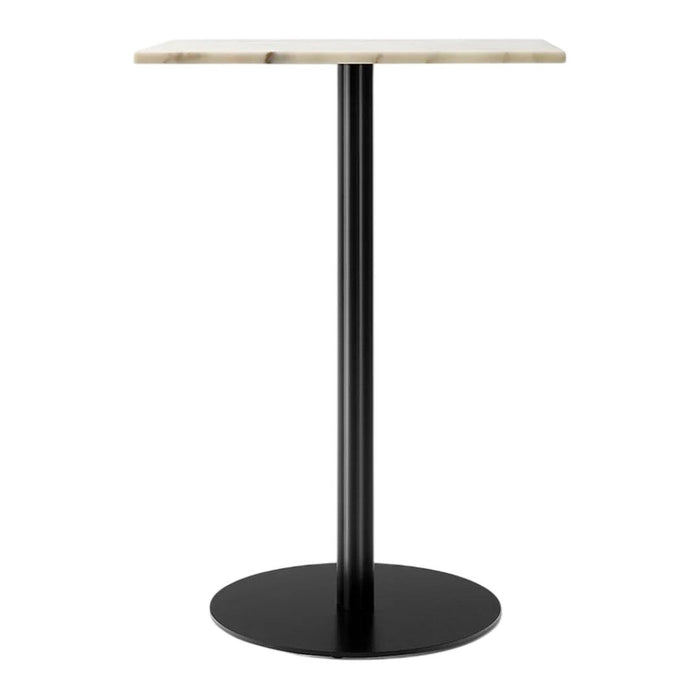 Black metal base with a sleek, white marble top featuring subtle veining patterns. Ideal for modern spaces.