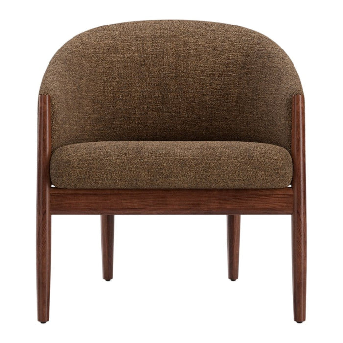 Curved brown upholstered chair with a textured pattern and wooden legs, offering a warm and inviting look.