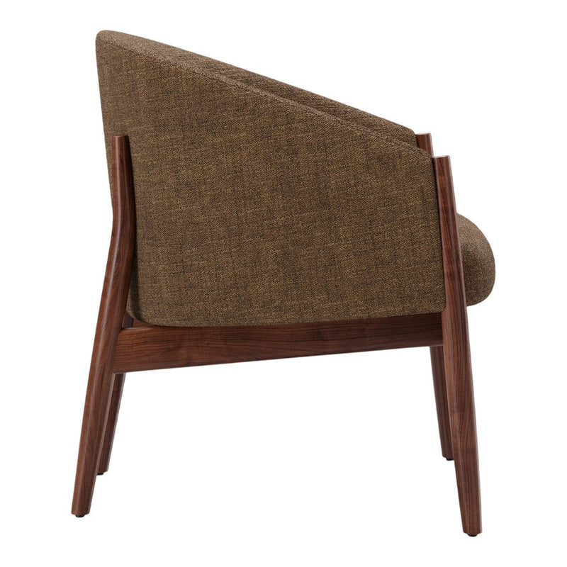 Brown textured upholstery with a sleek wooden frame, showcasing a modern, minimalist design.