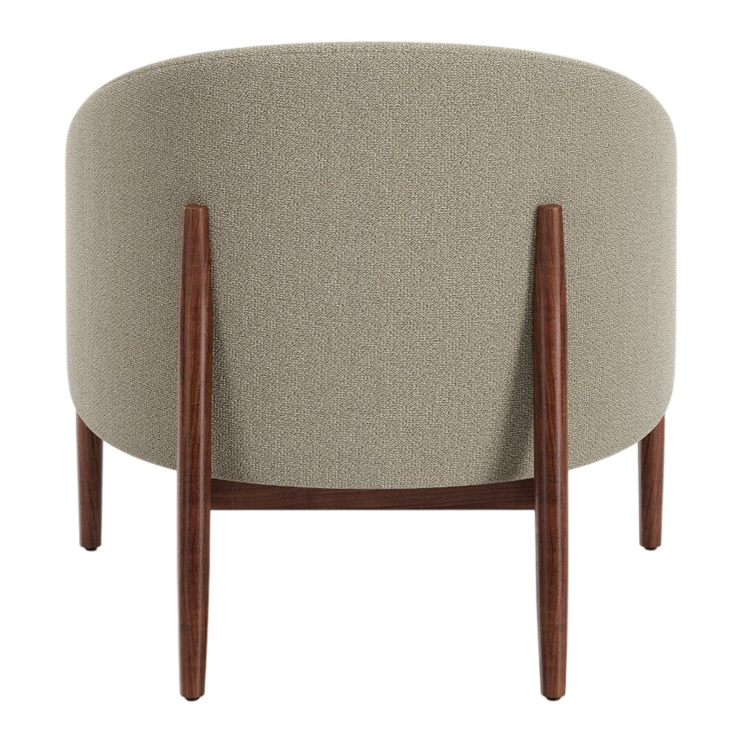 "Round beige upholstered chair with wooden legs, featuring a smooth, textured fabric."