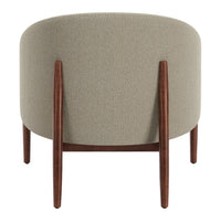 "Round beige upholstered chair with wooden legs, featuring a smooth, textured fabric."