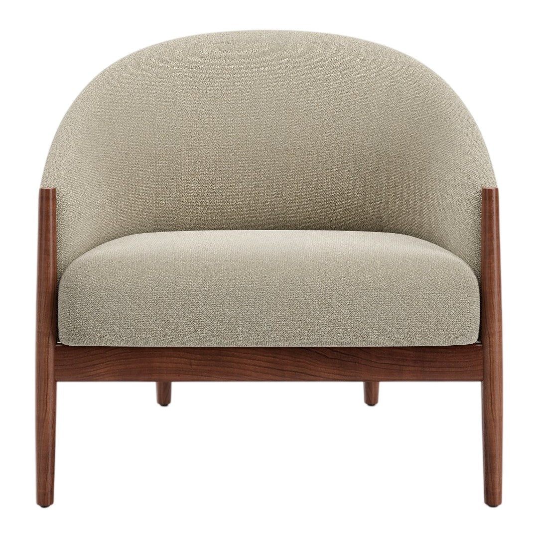 Stylish beige upholstered chair with wooden legs, featuring a smooth, minimalist design and rounded shape.