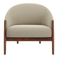 Stylish beige upholstered chair with wooden legs, featuring a smooth, minimalist design and rounded shape.
