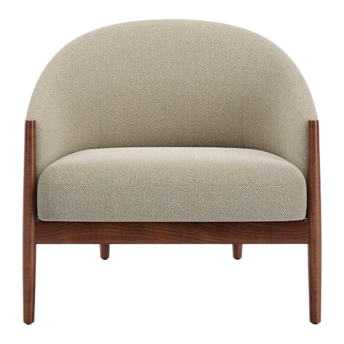 Stylish beige upholstered chair with wooden legs, featuring a smooth, minimalist design and rounded shape.
