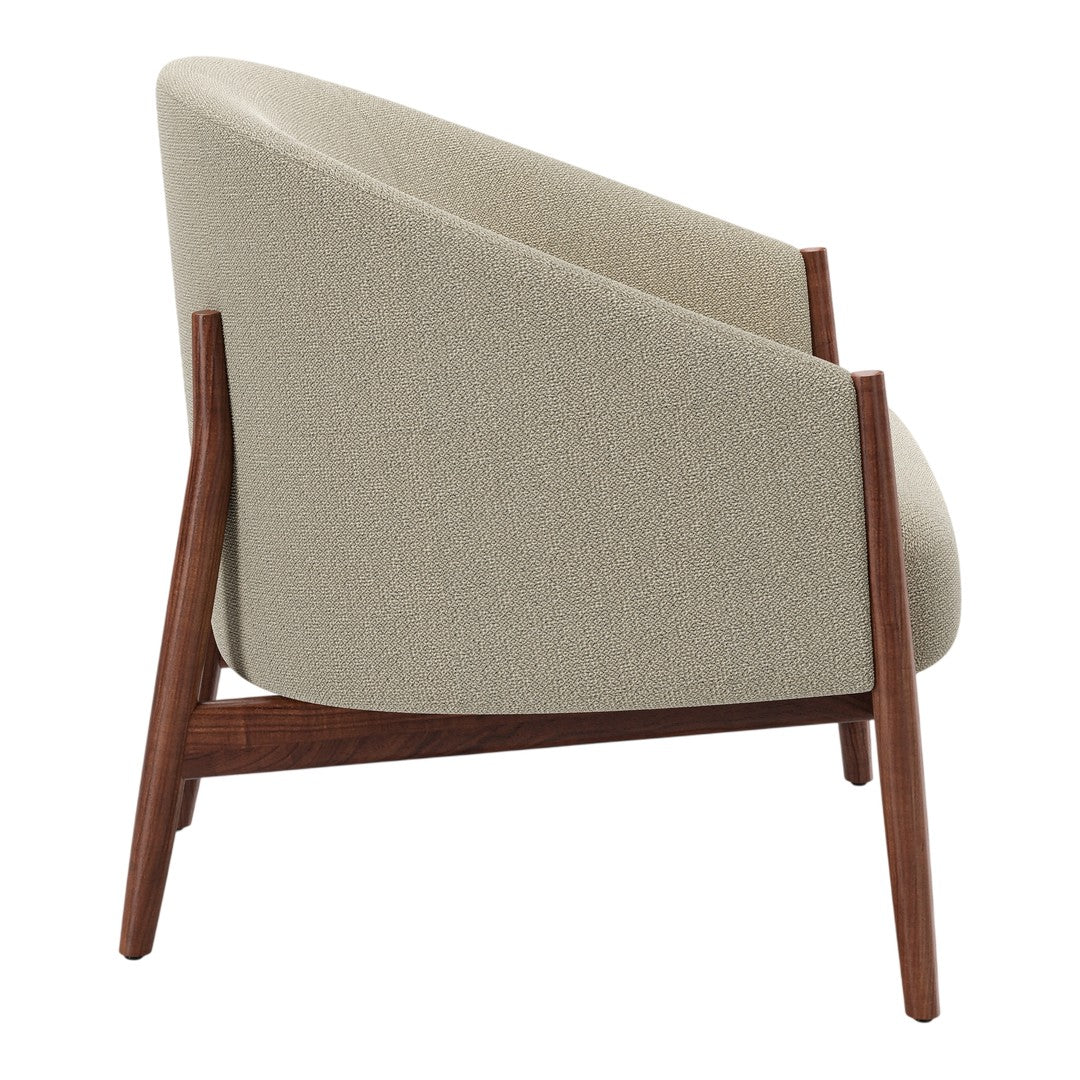 Beige upholstered chair with subtle texture and warm wooden legs, featuring a modern, curved design.