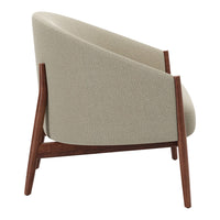 Beige upholstered chair with subtle texture and warm wooden legs, featuring a modern, curved design.