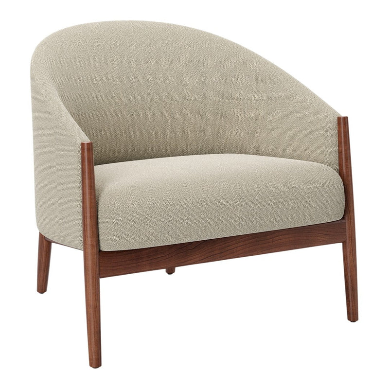Beige upholstered chair with a curved back and wooden legs, showcasing a minimalist design.
