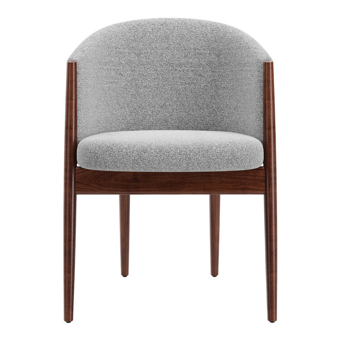 Modern gray upholstered chair with a smooth texture and warm wooden legs, featuring a minimalist design.