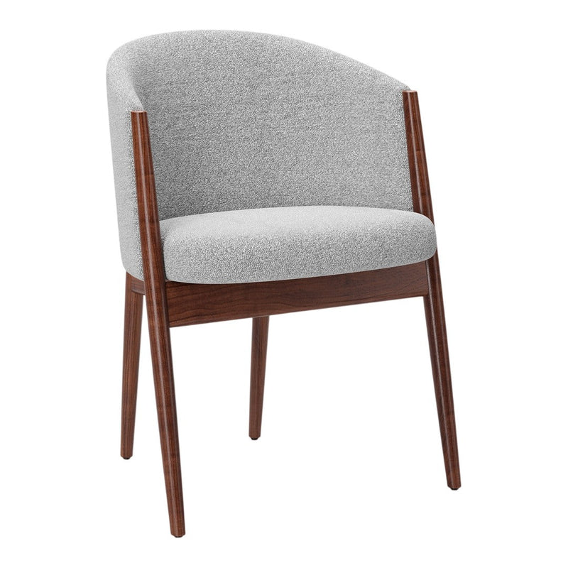 Gray upholstered chair with a smooth texture, featuring a curved back and walnut wood legs. Perfect for modern decor.