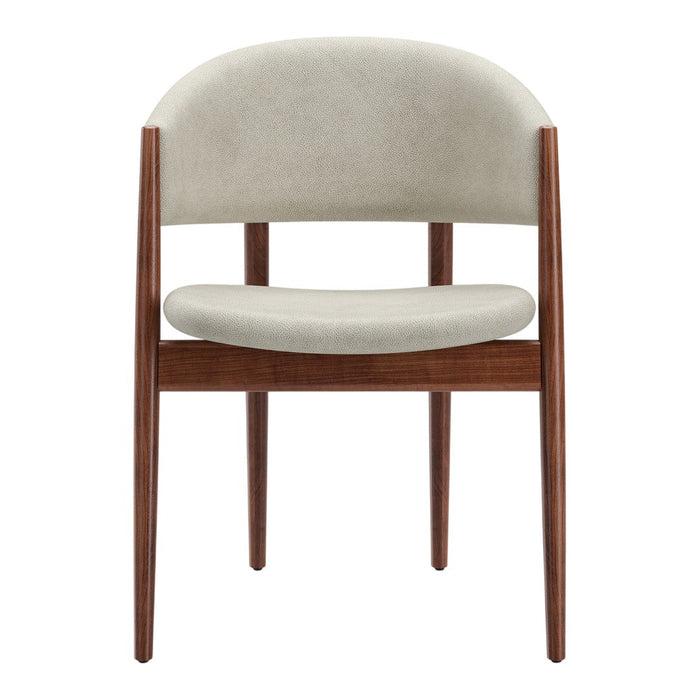 Light gray upholstered chair with a smooth, curved back and rich wooden legs, showcasing a minimalist design.