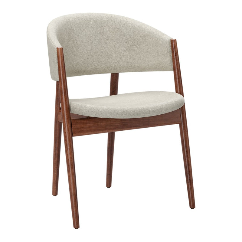 Beige velvet chair with a curved back and walnut wood legs, featuring a minimalist and modern design.