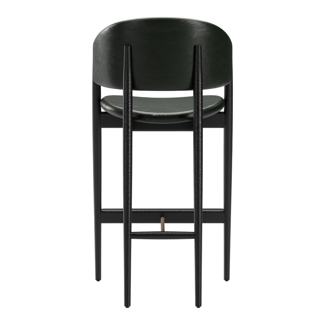 Black bar stool with a sleek, modern design and smooth finish, featuring minimalist lines and a dark green seat.