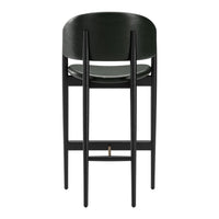 Black bar stool with a sleek, modern design and smooth finish, featuring minimalist lines and a dark green seat.