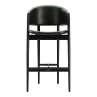 Sleek black bar stool with a matte finish and a minimalist design, featuring a simple rounded backrest.