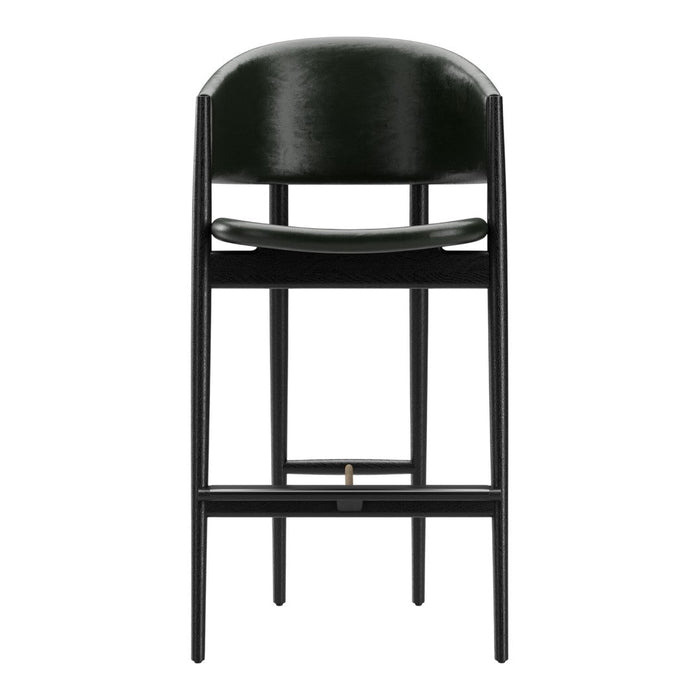 Sleek black bar stool with a matte finish and a minimalist design, featuring a simple rounded backrest.