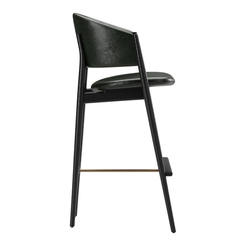 Black wooden bar stool with a sleek design and a matte green seat, showcasing modern minimalism.