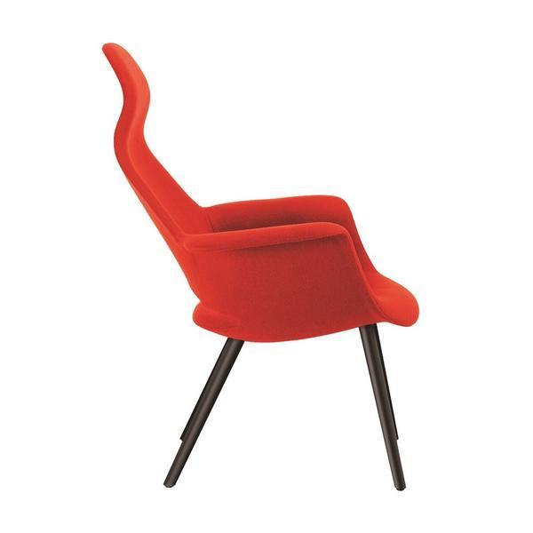 Vibrant red upholstery with a sleek, modern silhouette and contrasting black legs. Perfect for contemporary decor.