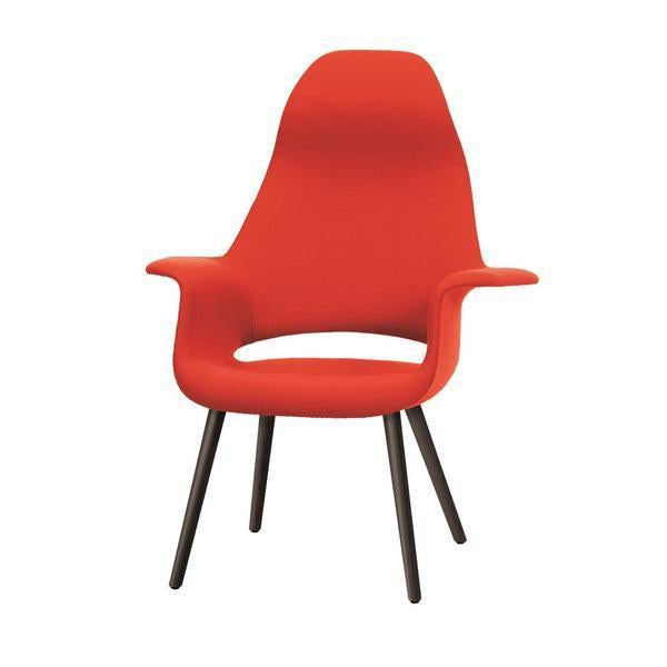 Vibrant red upholstered armchair with sleek black wooden legs and a modern design. Ideal for contemporary spaces.