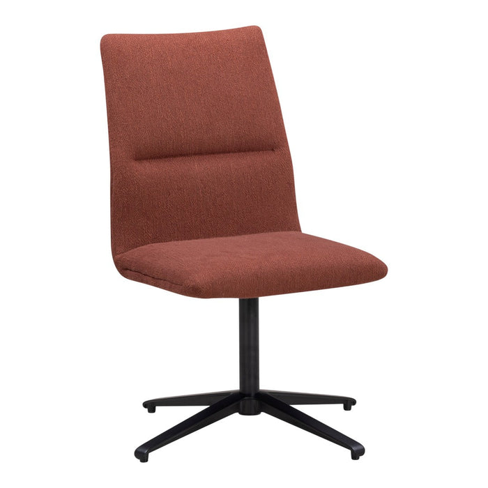 Rust-colored upholstered chair with a sleek design and a matte black base, perfect for modern decor.