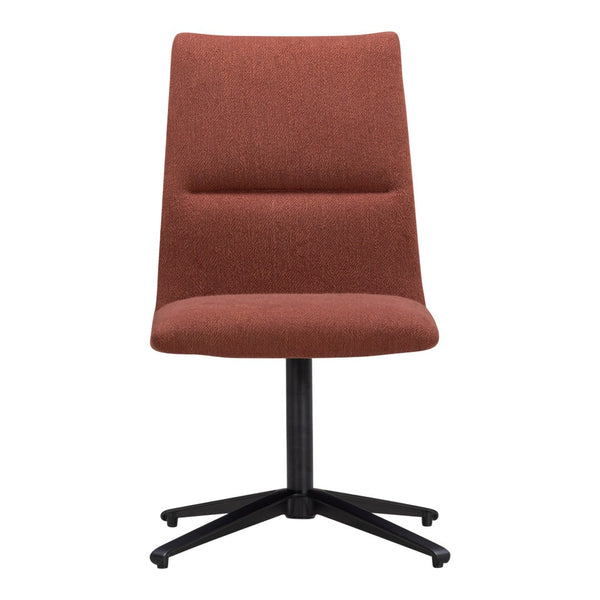 Modern rust-colored chair with a sleek black base. Textured fabric featuring a minimalist design. Perfect for contemporary spaces.