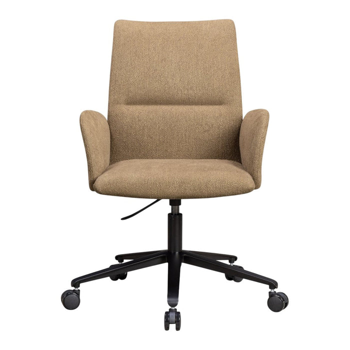 Tan upholstered office chair with smooth fabric and a sleek black base, featuring a minimalist design.