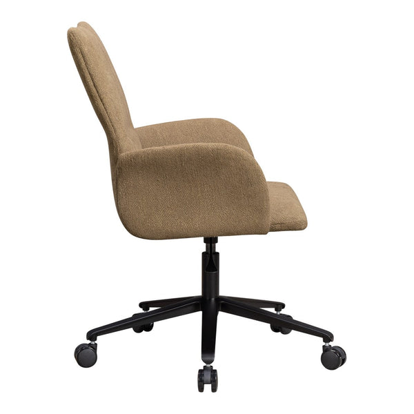 Tan upholstered office chair with a smooth texture and a sleek black base and wheels.
