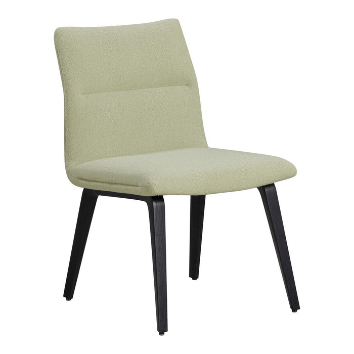 Light green upholstered chair with no patterns, featuring sleek black legs for a modern look.