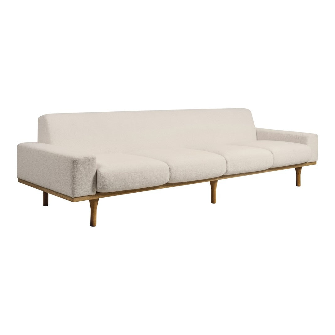 Modern white sofa with clean lines and natural wood legs, perfect for minimalist decor.