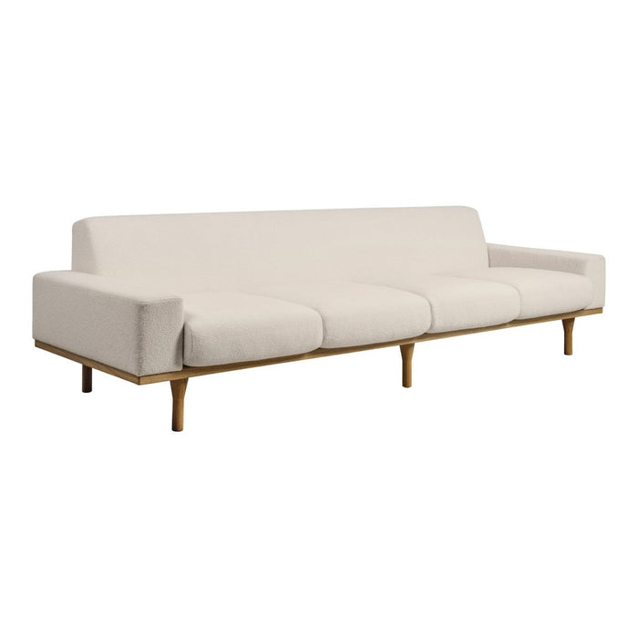 Modern white sofa with clean lines and natural wood legs, perfect for minimalist decor.