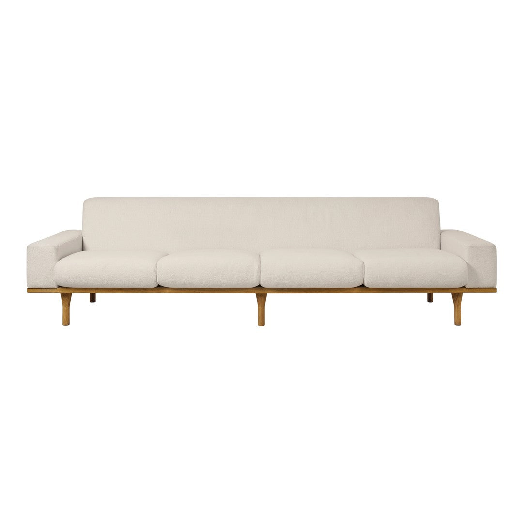 Neutral beige sofa with smooth, solid fabric and light wooden legs for a modern, minimalist look.