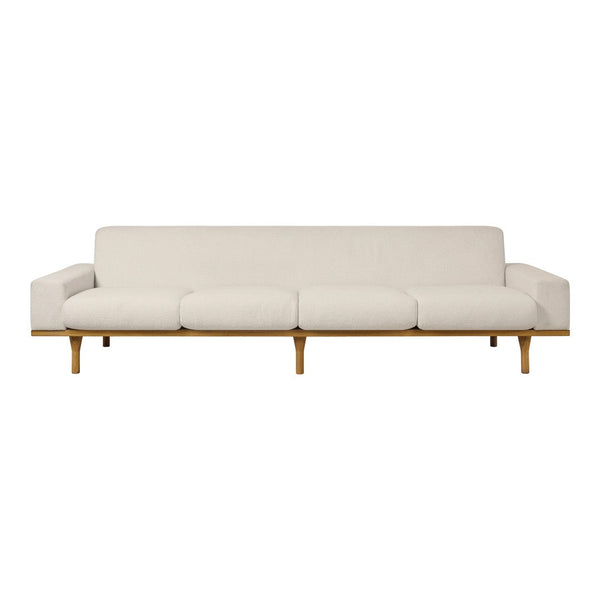 Neutral beige sofa with smooth, solid fabric and light wooden legs for a modern, minimalist look.