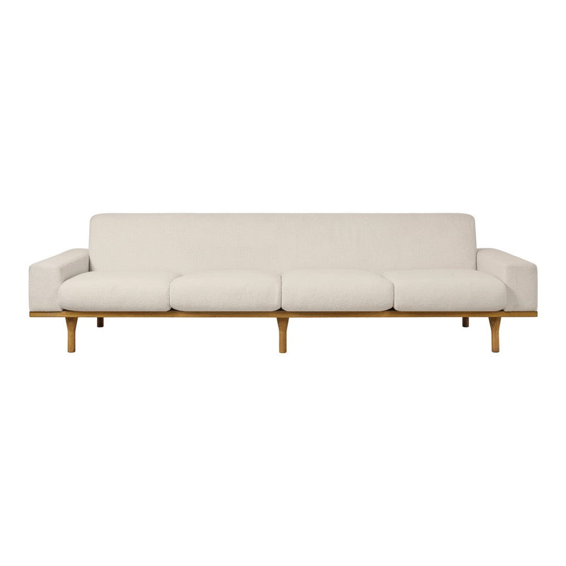 Neutral beige sofa with smooth, solid fabric and light wooden legs for a modern, minimalist look.