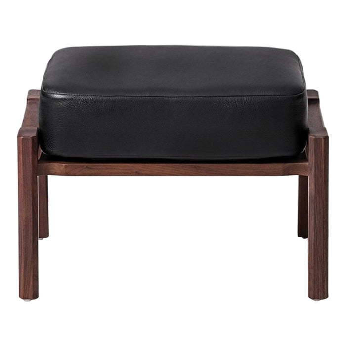 Black leather ottoman with a simple, modern wooden frame in a dark finish. Stylish, minimalist design.