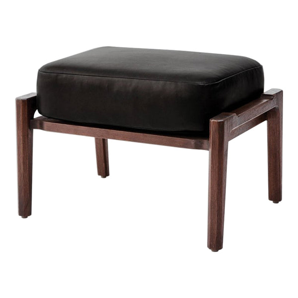 Black leather ottoman with a sleek, simple design and dark wood frame, adding modern elegance to any space.