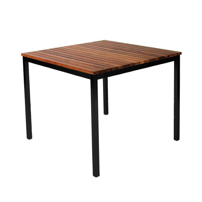 Square wooden table with a striped brown top and sleek black metal legs, perfect for modern dining spaces.