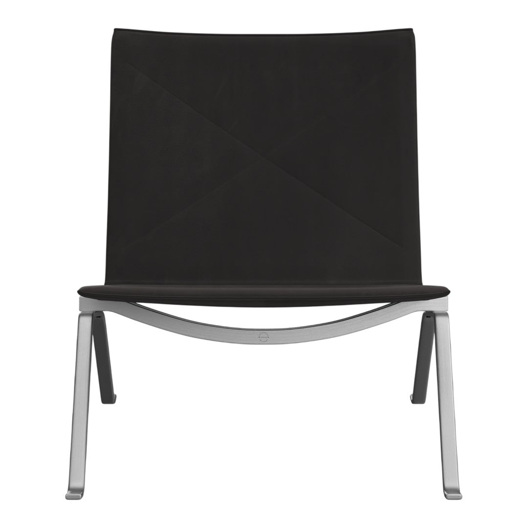 Black modern chair with a sleek design and minimalist stainless steel frame. Perfect for contemporary interiors.