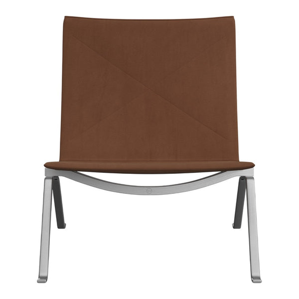 Brown minimalist lounge chair with a sleek silver frame and simple geometric design. Perfect for modern decor.