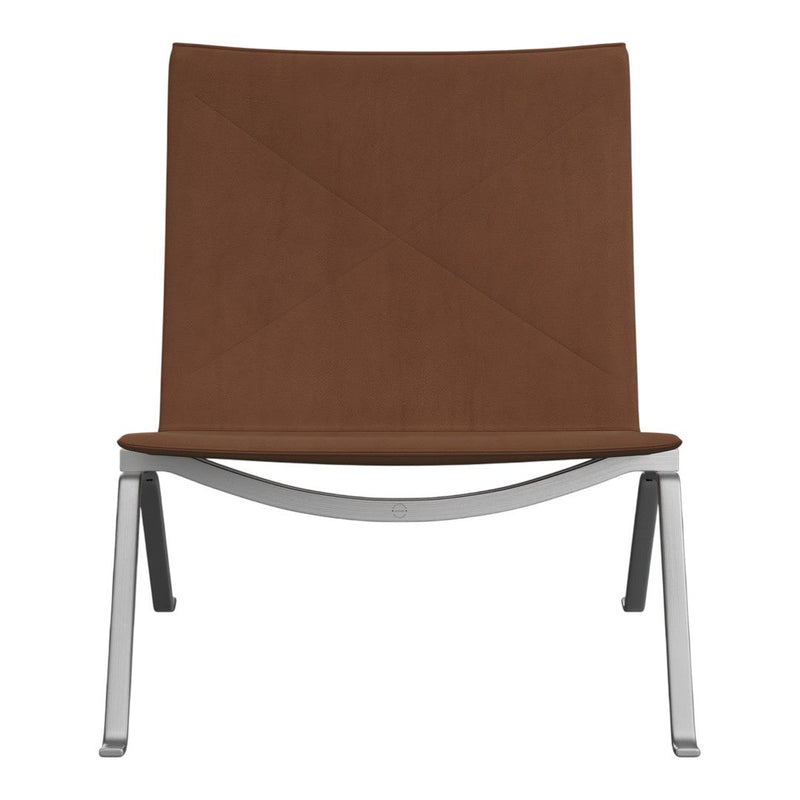Brown minimalist lounge chair with a sleek silver frame and simple geometric design. Perfect for modern decor.