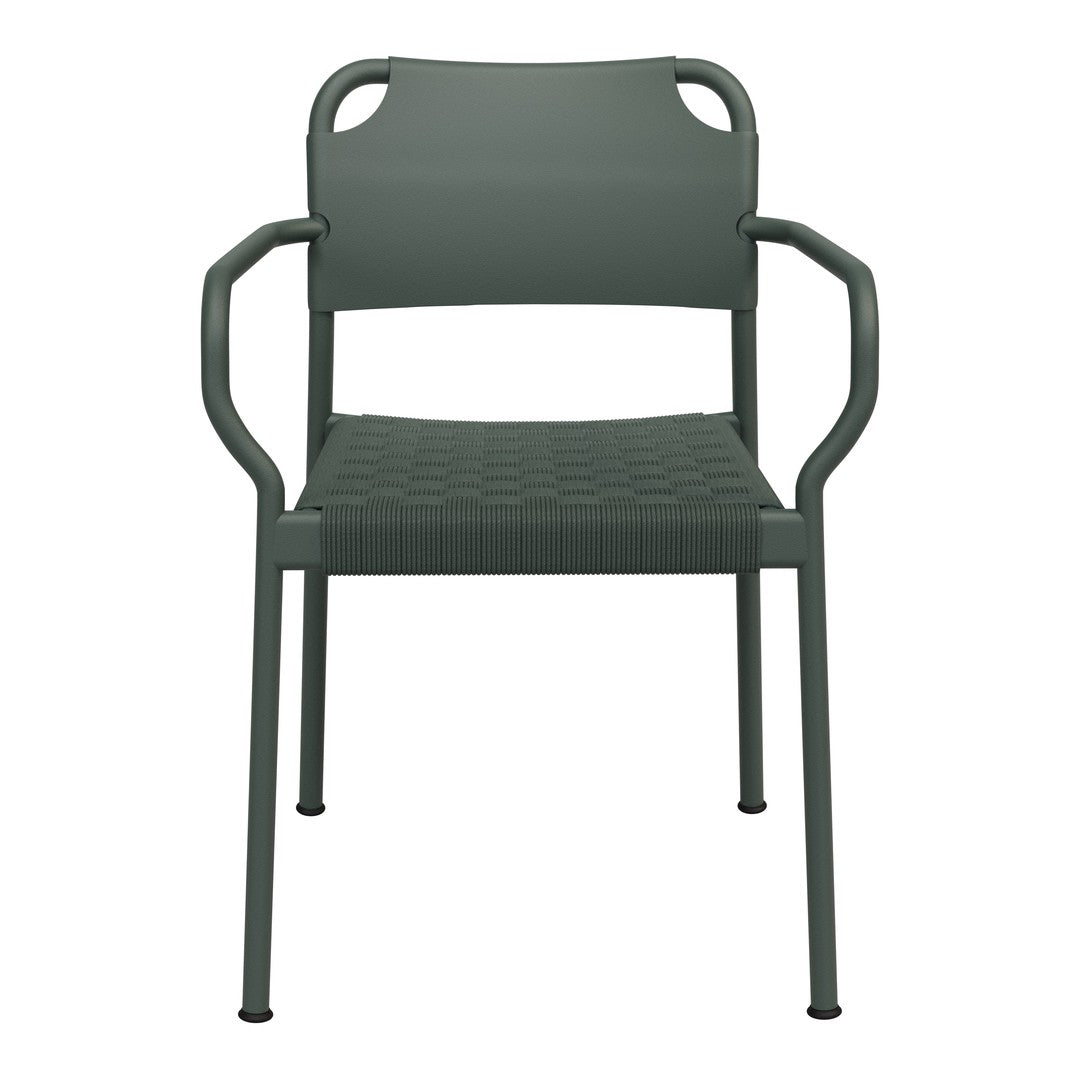 Green outdoor chair with a textured seat and backrest, featuring sleek metal armrests for modern style.